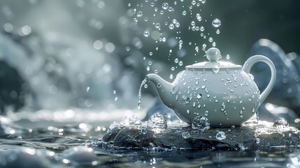 The condensed water droplets, there is a white teapot on the stone platform in the mountains, Generative AI illustrations.