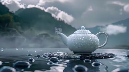 The condensed water droplets, there is a white teapot on the stone platform in the mountains, Generative AI illustrations.