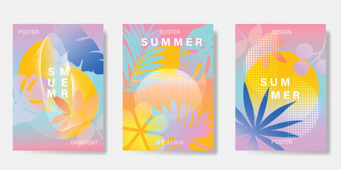Abstract colorful gradient summer card background set. Minimalist poster with flower and foliage. Modern summer and spring wallpaper design for home decoration, website, banner, ads.