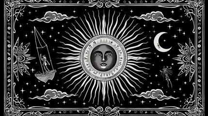 A black background with white ink print, featuring an intricate tarot card design with the sun and moon and paragliders and clouds in bold lines, Generative AI illustrations.
