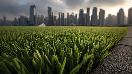 Close-up vibrant green grass, blurred urban skyline background Perfect for nature vs city themes - juxtaposition of focus pasture