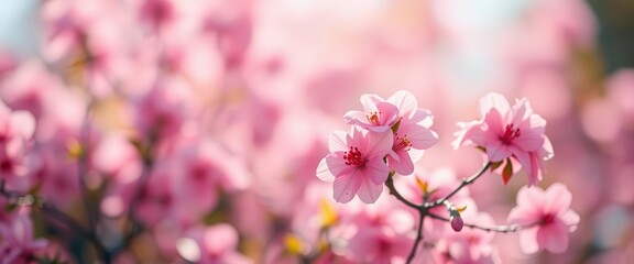 Pastel pink & purple bokeh floral background, sunlit blossoms in dreamy focus, bokeh, delicate