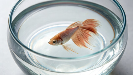 Small fish swims gracefully in clear bowl, its fins flapping gently in water, creating serene atmosphere