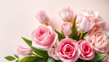 Pastel pink roses, tulips, hydrangeas on soft background Floral banner, greeting card, wallpaper , spring flowers, blossom
