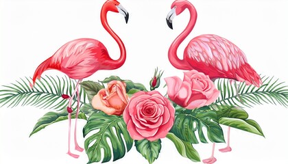 Flamingo birds and rose flowers. Tropical watercolor illustration isolated on white backgro