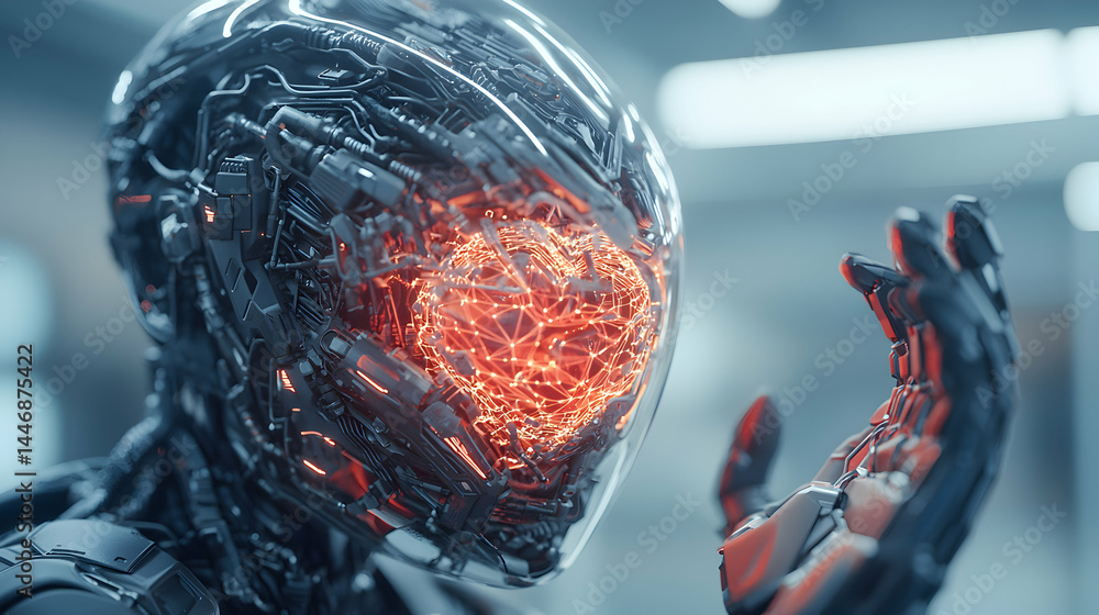 Poster a futuristic robot head with a glowing heart-shaped core and robotic hand. the image could be used a