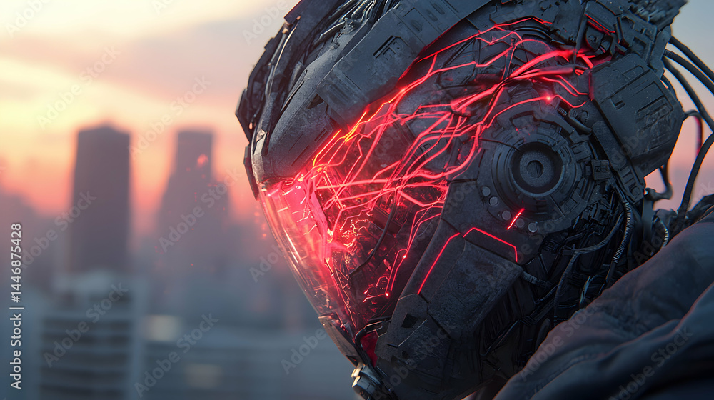 Poster futuristic helmet design with glowing red accents. ideal for cyberpunk art projects or sci-fi game c
