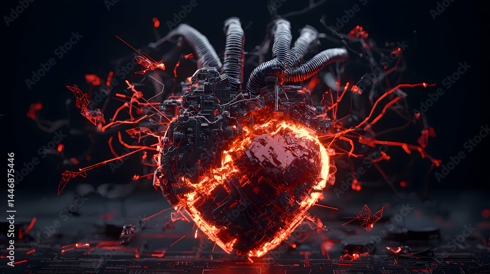 Poster a futuristic mechanical heart glows with red energy representing technology and life. it suits scien