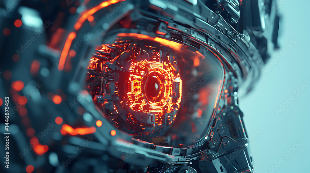 Poster futuristic robot eye with glowing internal circuitry. perfect for sci-fi related projects or creativ