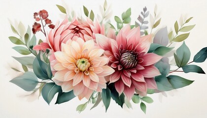 Floral bouquet design. Watercolor Flower Dahlias, eucalyptus, greenery branch leaves. Weddi