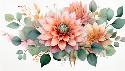 Floral bouquet design. Watercolor Flower Dahlias, eucalyptus, greenery branch leaves. Weddi
