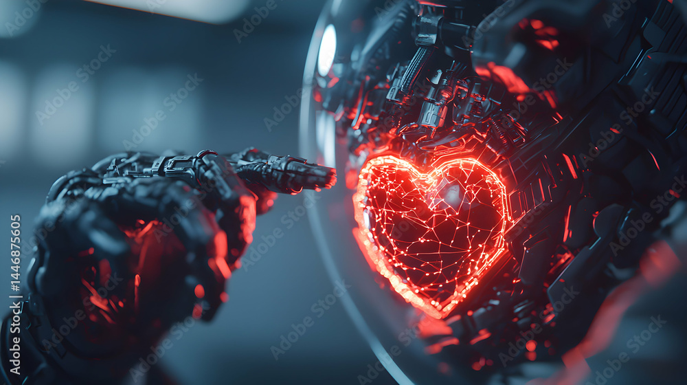Aufkleber futuristic image depicting a robotic hand reaching towards a glowing heart suggesting themes of arti