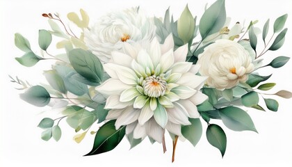 Floral bouquet design. Watercolor Flower white Dahlias, eucalyptus, greenery branch leaves.