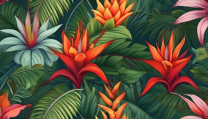 Floral Seamless pattern, jungle palm levels. Bromeliad, hibiscus, anthurium and strelitzia