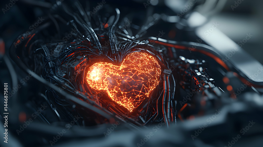 Aufkleber a glowing heart surrounded by wires represents artificial intelligence or the fusion of technology a