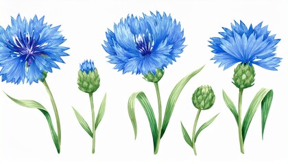 Flower, grass and bud hand painted, Cornflower wildflowers Watercolor isolated on white bac