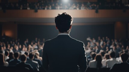 Fototapeta premium Speaker addresses an audience at a business conference, on stage.