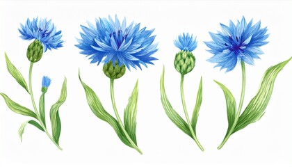 Flower, grass and bud hand painted, Cornflower wildflowers Watercolor isolated on white bac