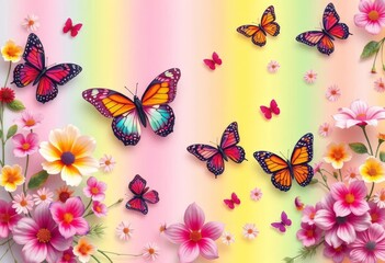 Pastel Rainbow Background Vibrant Butterflies