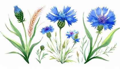 Flower, grass and bud hand painted, Cornflower wildflowers Watercolor isolated on white bac