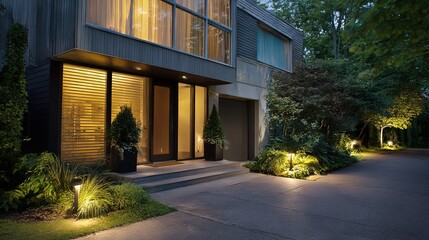 Modern home glowing at dusk with soft garden lights, blending warmth and sleek architecture
