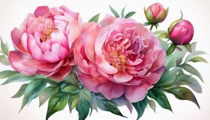 Flower illustration, pink peony on a white background. watercolor Bouquets with peonies, gr