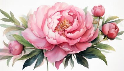 Flower illustration, pink peony on a white background. watercolor style