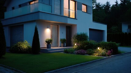 Obraz premium Modern home glowing at dusk with soft garden lights, blending warmth and sleek architecture 