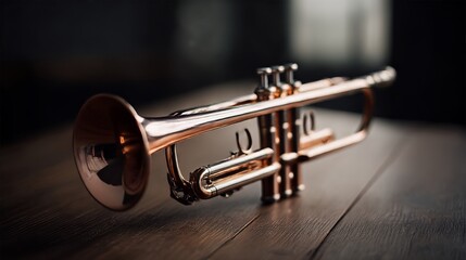 Obraz premium Elegant copper trumpet resting on a dark wooden surface with smooth reflections
