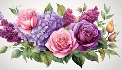 Flowers on an isolated background, botanical illustration, roses, lilac and leaves watercol