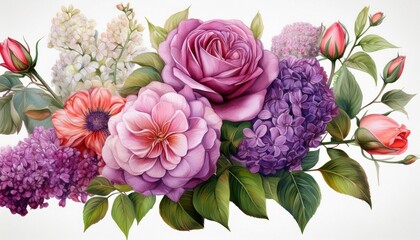 Flowers on an isolated background, botanical illustration, roses, lilac and leaves watercol