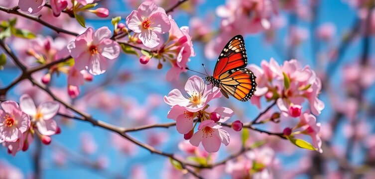Pink Japanese quince blossoms, butterfly on branch, sunny spring background,  pink,  bright