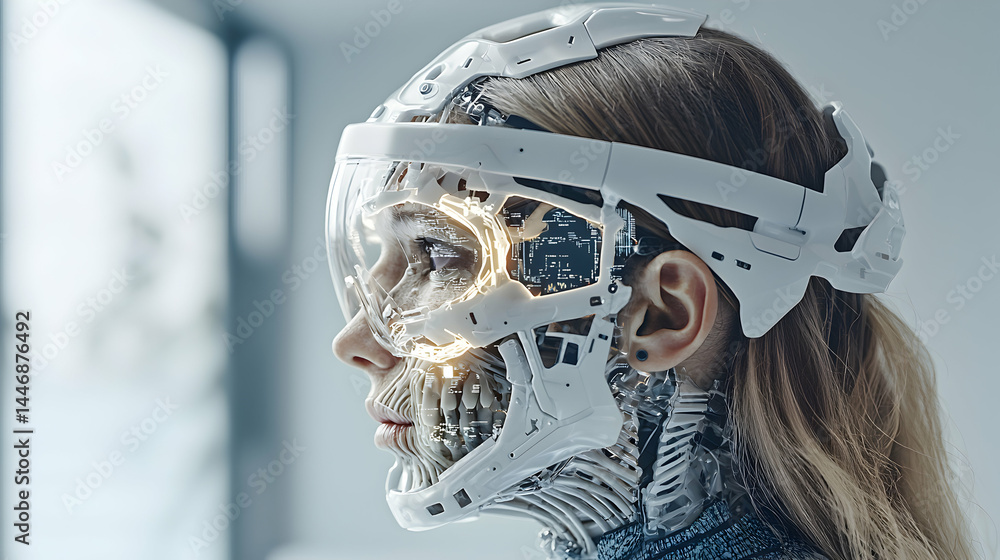 Poster a futuristic image of a person with a robotic augmented reality interface. suggests medical applicat