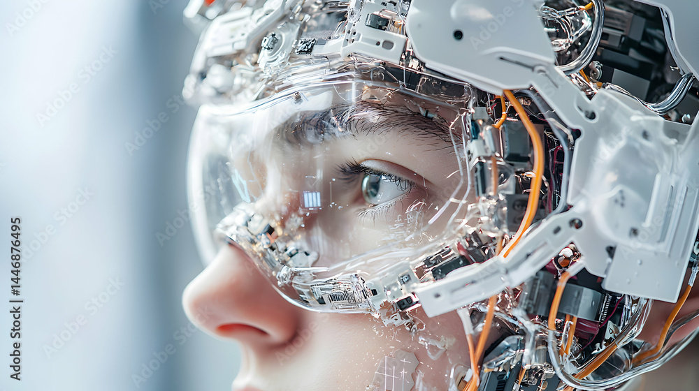 Poster a close-up of a person wearing a futuristic transparent helmet with visible circuitry. it evokes the