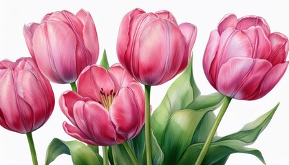flowers pink tulips on isolated white, watercolor drawing, botanical painting, spring flowe