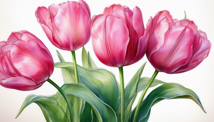 flowers pink tulips on isolated white, watercolor drawing, botanical painting, spring flowe