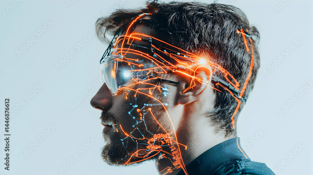 Poster image depicts a man with augmented reality glasses and glowing lines suggesting data flow. it could 