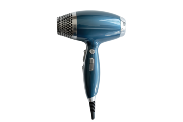 Sleek teal hair dryer on black background modern design metallic accents powerful airflow easy on transparent background