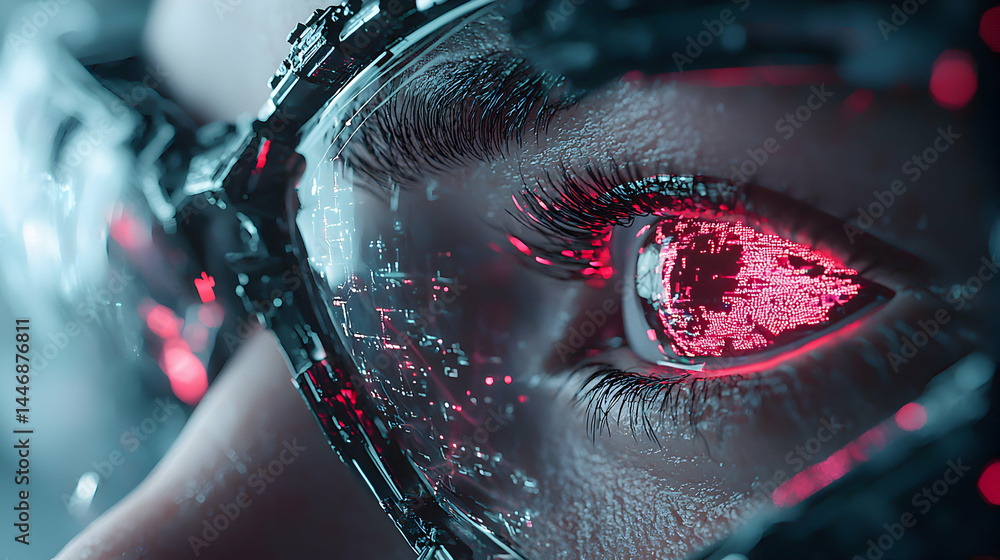 Poster cybernetic eye with digital interface concept. perfect for sci-fi art or futuristic designs. useful 