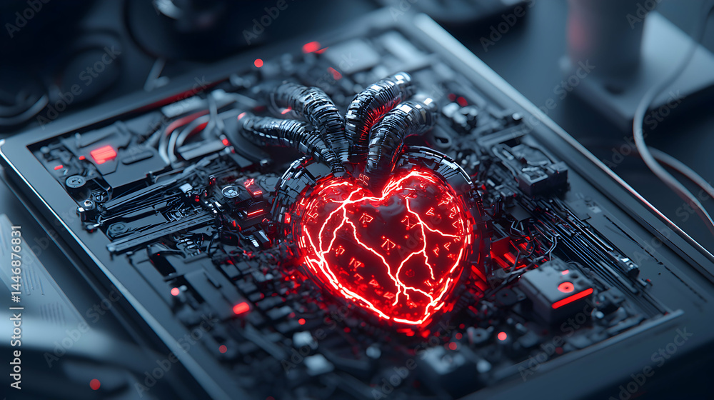 Poster cyberpunk heart illustration. a glowing heart-shaped core is integrated into a circuit board. sugges