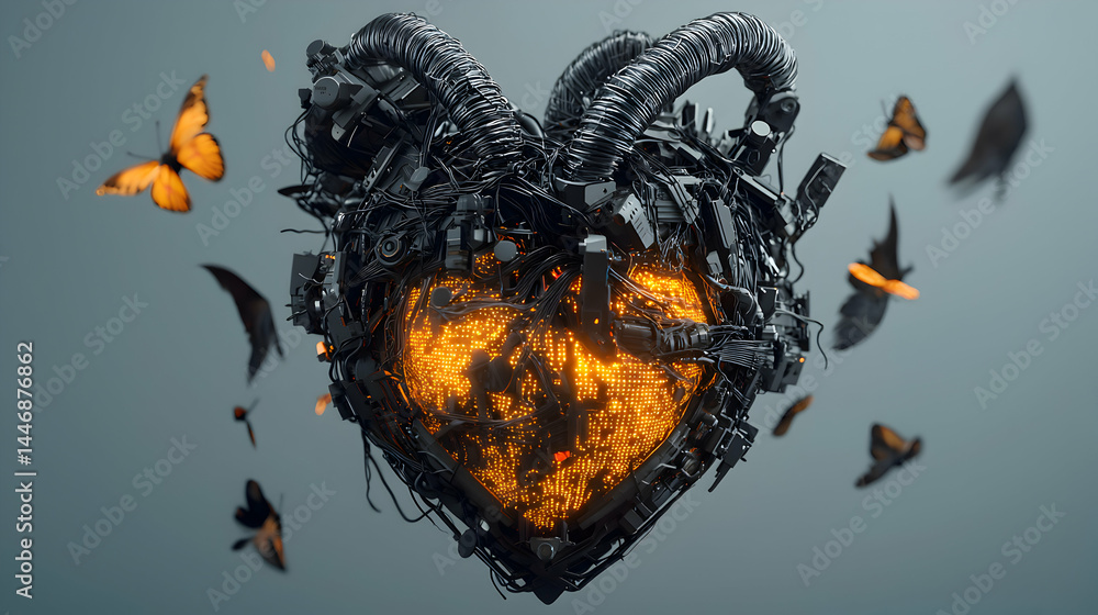 Poster a technological heart bursts with light while butterflies flutter around a concept of love passion a