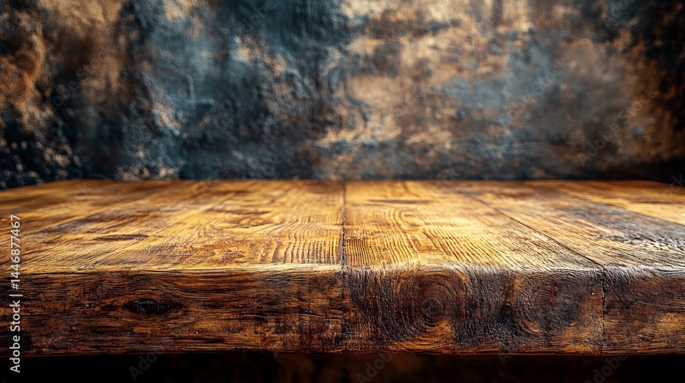Poster vintage wooden table surface with rustic textured backdrop for product display or artistic presentat