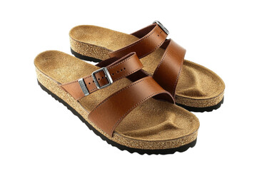 Stylish brown leather Birkenstock sandals with cork footbed perfect for summer comfort and on transparent background