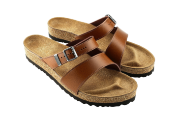 Stylish brown leather Birkenstock sandals with cork footbed perfect for summer comfort and on transparent background