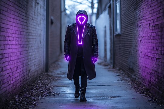 Neon-lit figure in urban alleyway