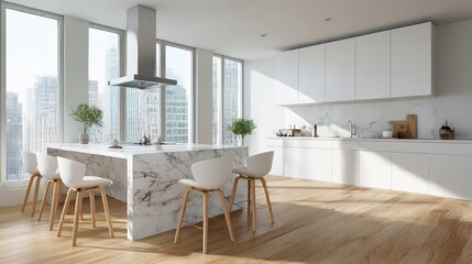 Fototapeta premium Minimalist white kitchen with marble countertops bathed in morning light, embodying serene Scandinavian elegance