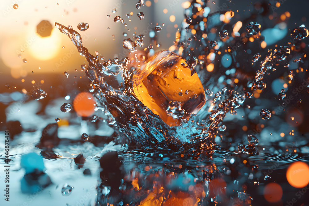 Poster a dynamic shot of an ice cube splashing into water creating a beautiful and vibrant display. perfect