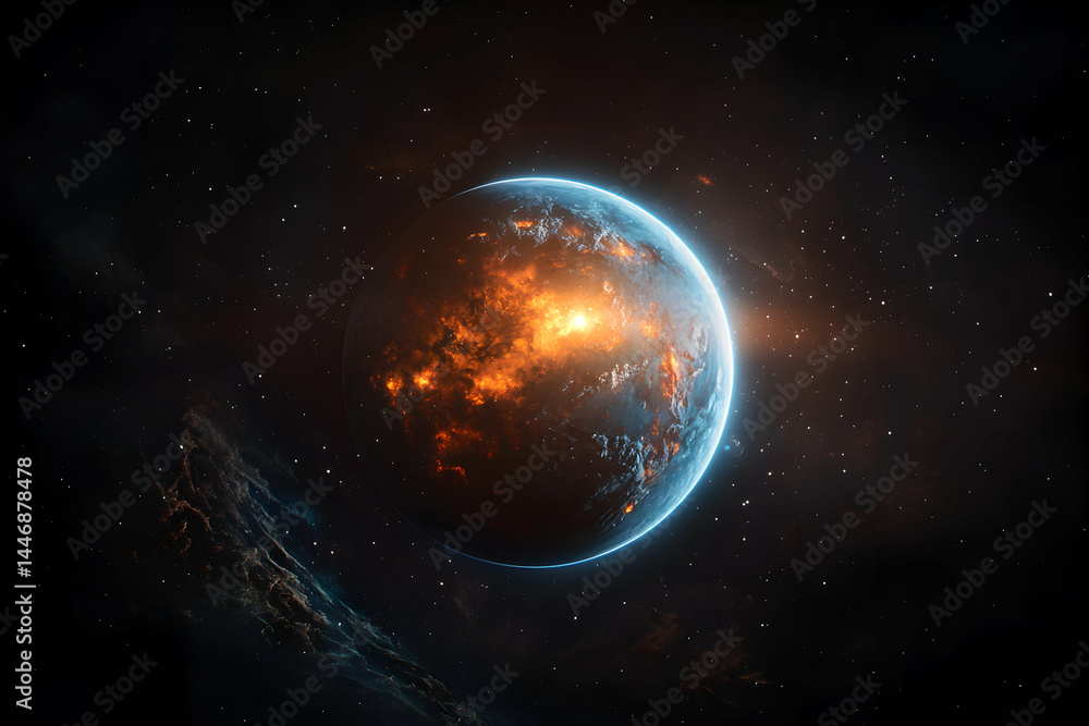 Poster a stunning digital artwork showcasing a fiery planet with a glowing atmosphere. perfect for sci-fi a