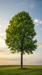 Obraz premium Tall tree stands alone green field clear sky, showcasing its lush foliage and strong trunk. serene landscape evokes sense