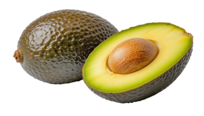A close-up shot showcases a whole avocado alongside its halved counterpart, revealing its creamy yellow flesh and large brown pit. The image highlights the fruit's texture and color.